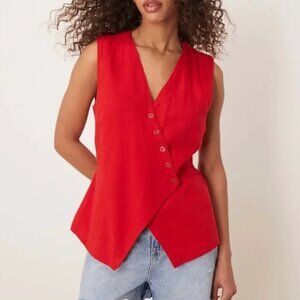 Abercrombie+Fitch longline asymmetric linen vest in salsa red